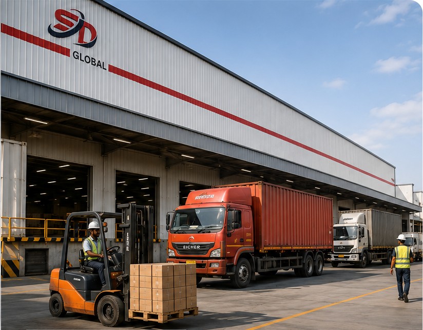 SD Global Logistics warehouse with loading bays, commercial trucks, forklift activity and a warehouse worker